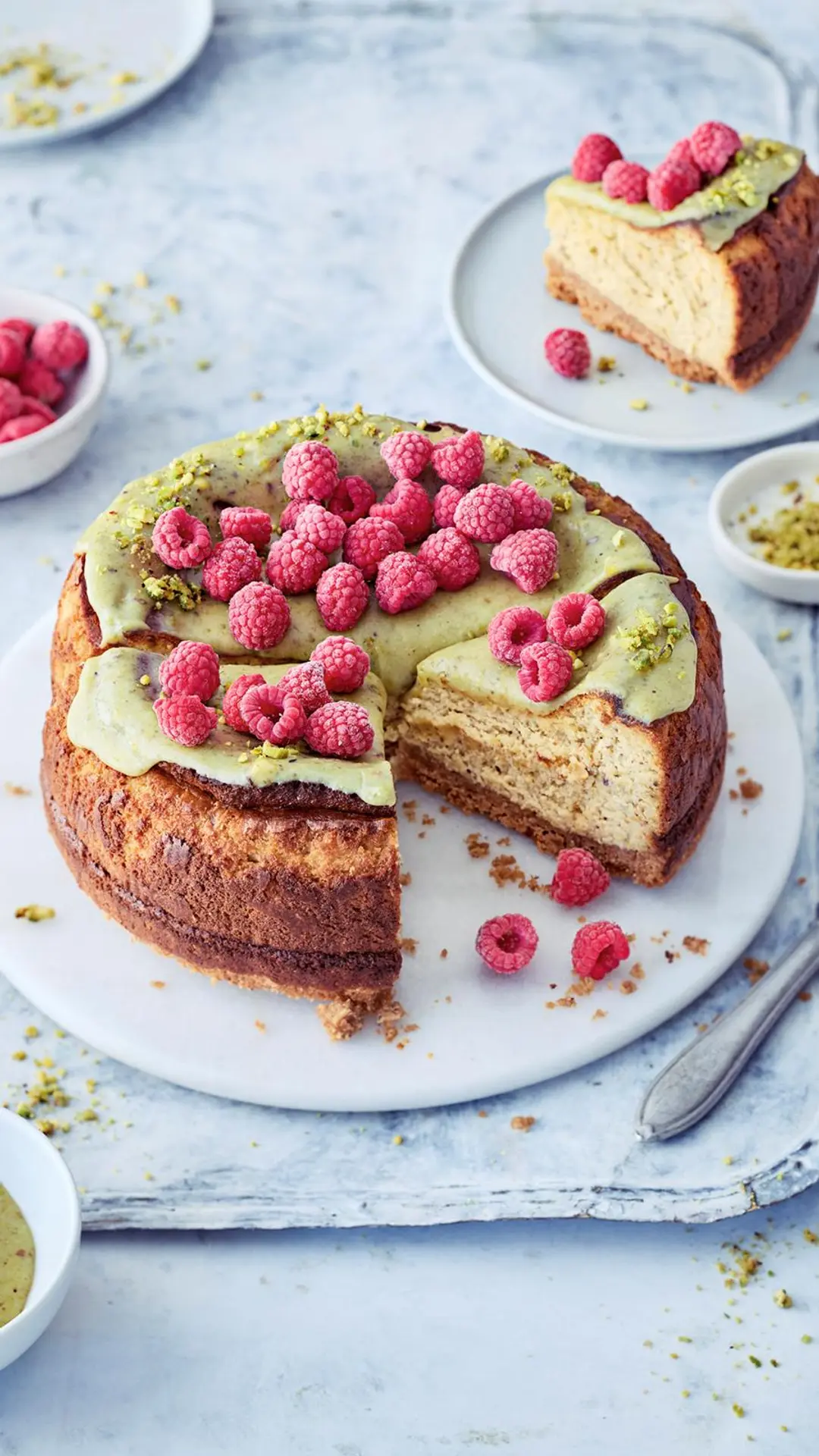 Pistaasijuustokakku ja vadelmia