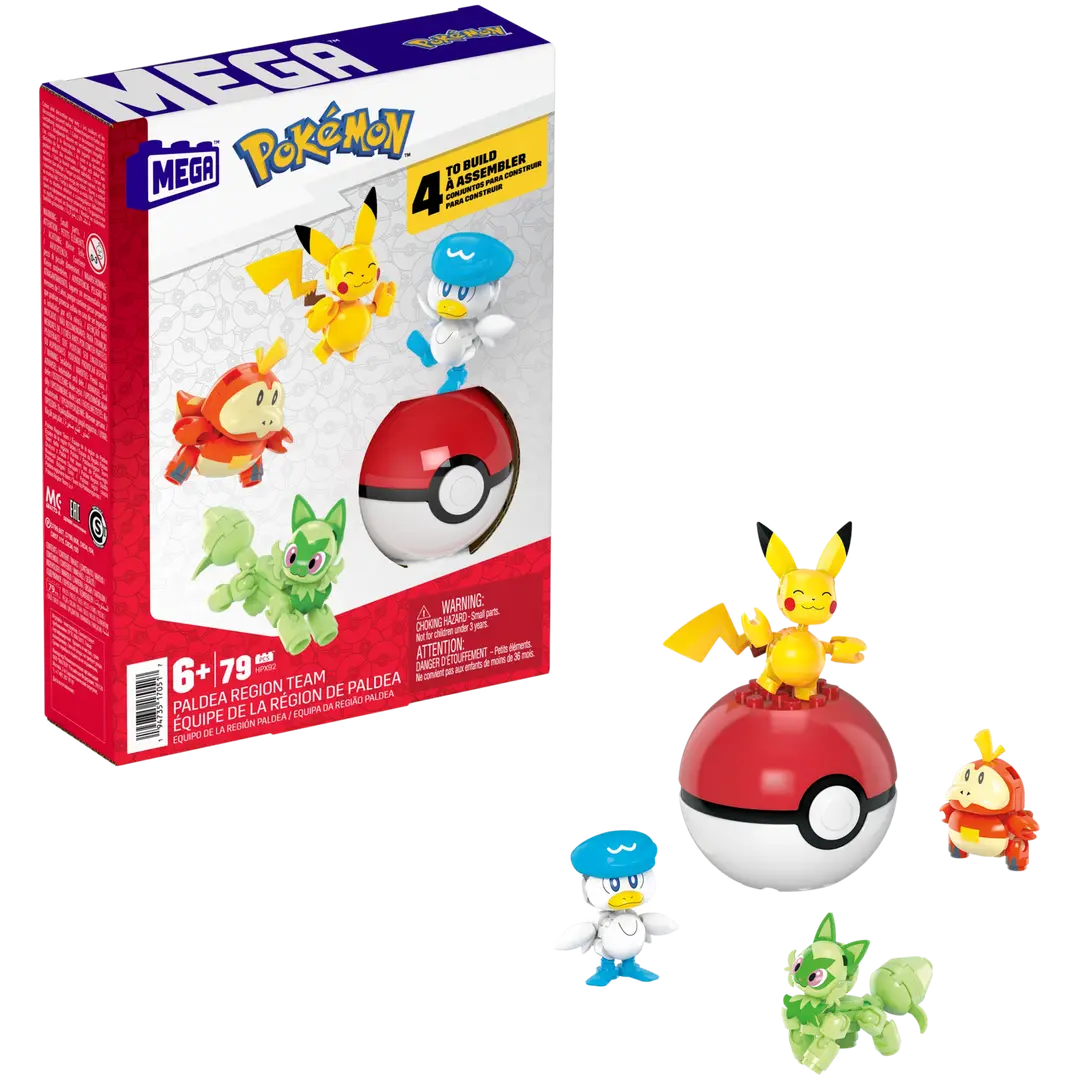 Mega Pokémon -Paldea rakennussetti neljä hahmoa ja Poké-pallo