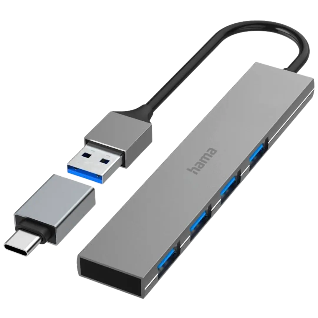 Hama USB-hubi, 4-porttinen, USB-A uros, USB-C adapteri, 4 x USB-A, USB 3.2 Gen 1, 5 Gbit/s, Ultra-slim, 0,15 m