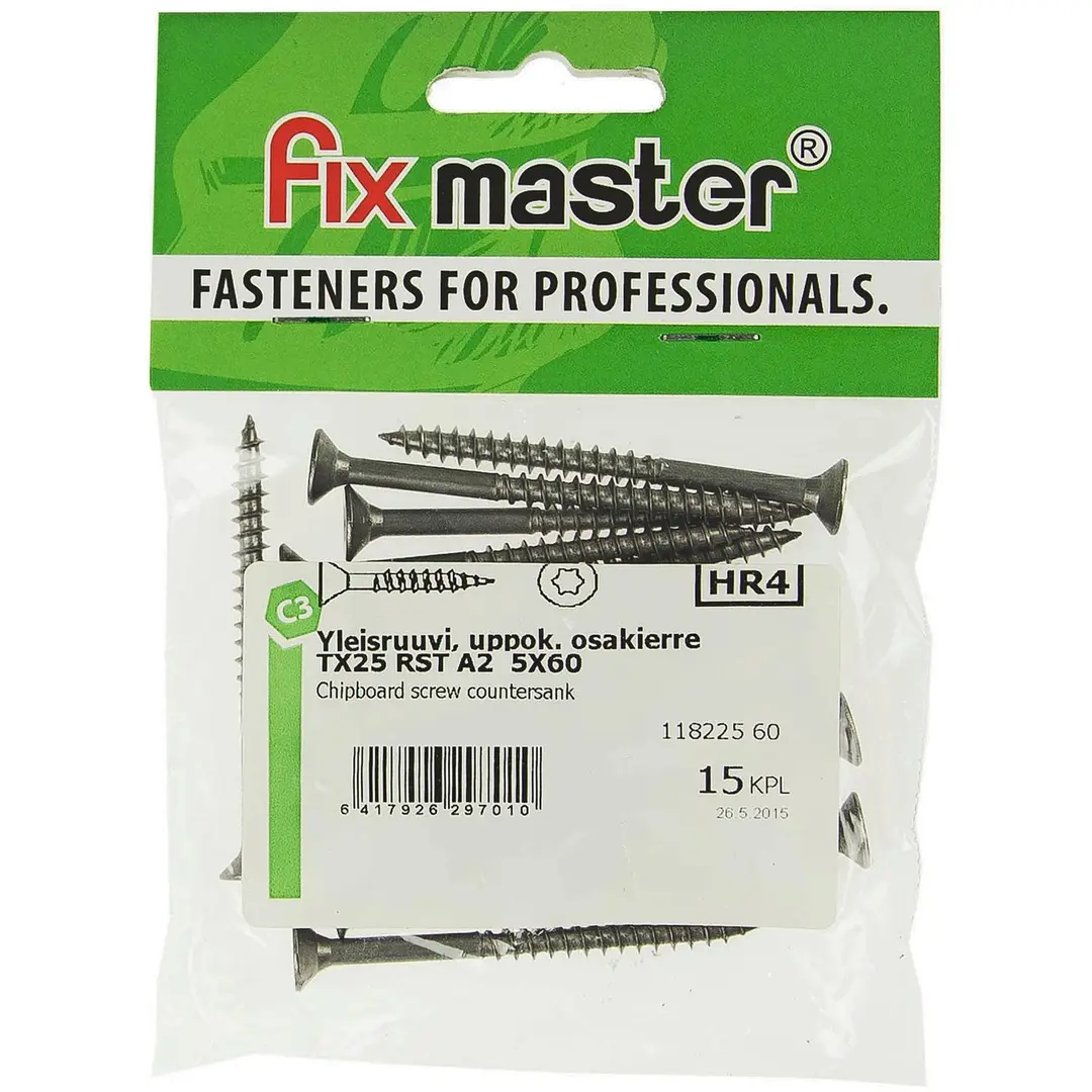 Fix Master yleisruuvi uppokanta osakierre 5,0X60 torx25 A2 15kpl