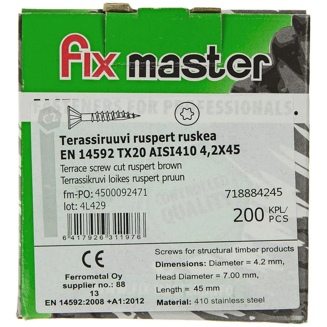 Fix Master terassiruuvi ruspert ruostumaton AISI410 torx20 4,2X45 ruskea 200kpl