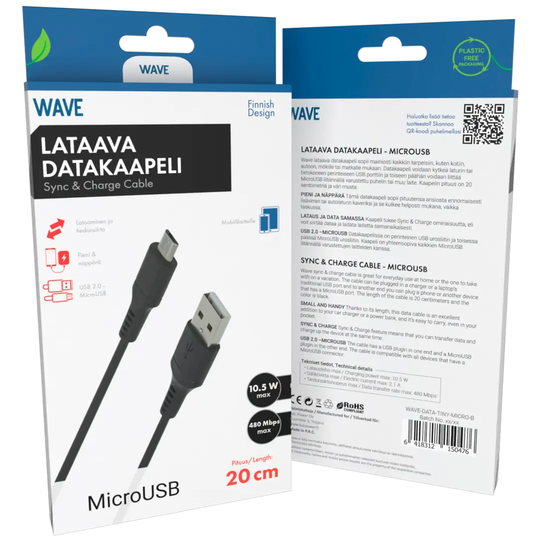 Wave Tiny datakaapeli, MicroUSB (480 Mbps), 20cm, Musta