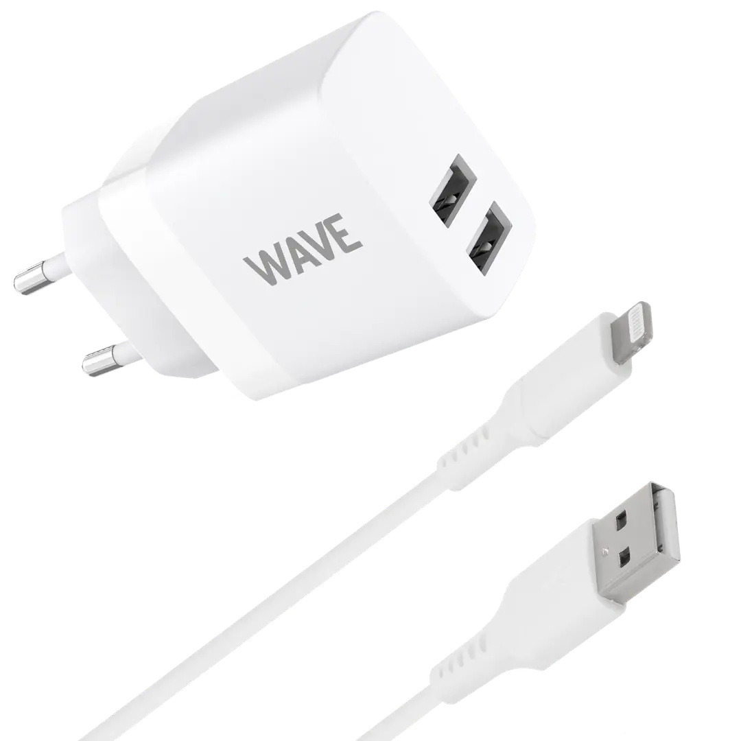 Wave verkkolaturi 2 x USB-A + Apple Lightning (MFI) -kaapeli (17W) valkoinenn