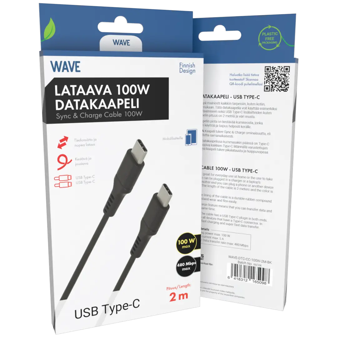 Wave 100W Datakaapeli, USB Type-C -> USB Type-C (480 Mbps), 2m, Musta