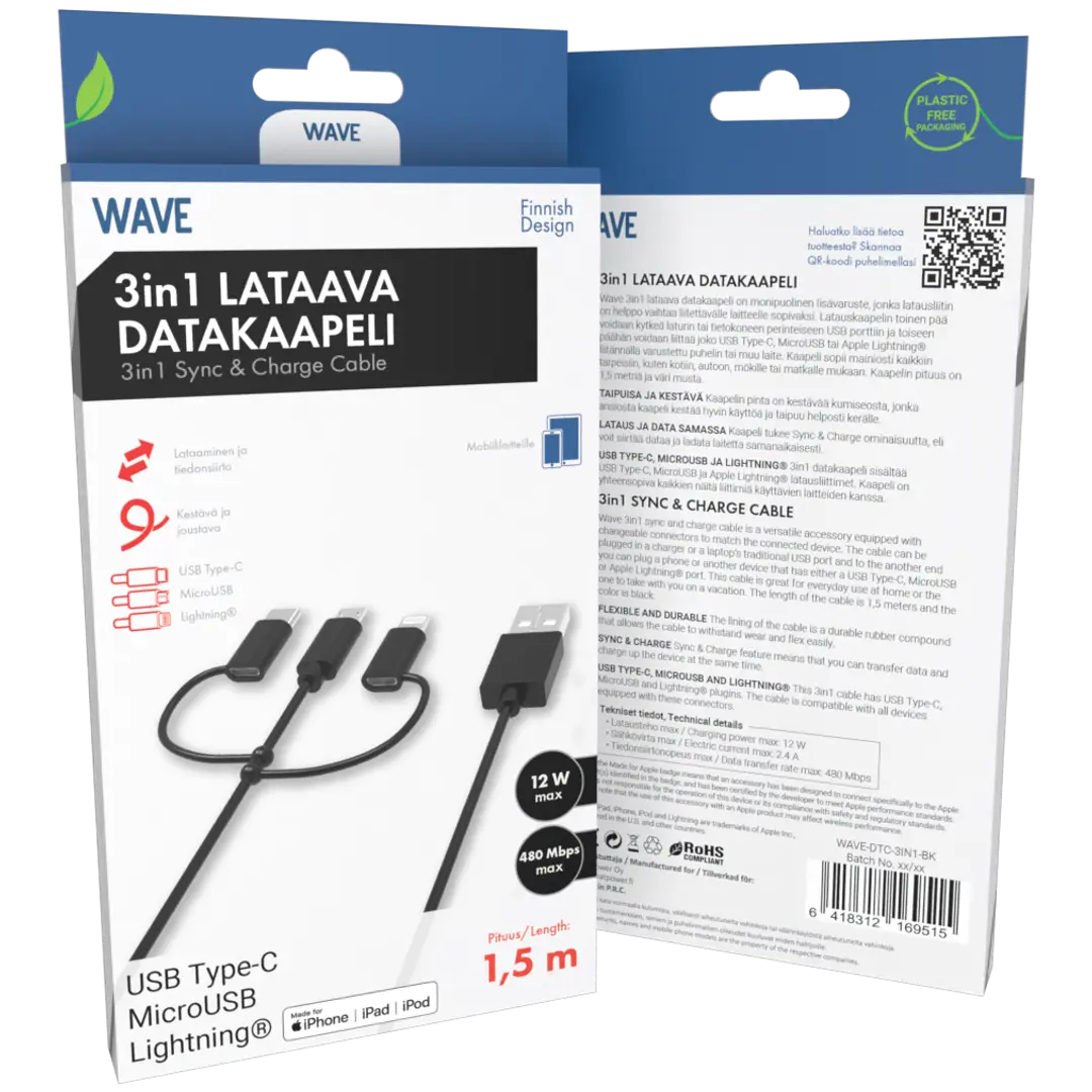 Wave 3-in-1 Latauskaapeli, USB Type-C / MicroUSB / Apple Lightning® (MFI), 1,5m, Musta