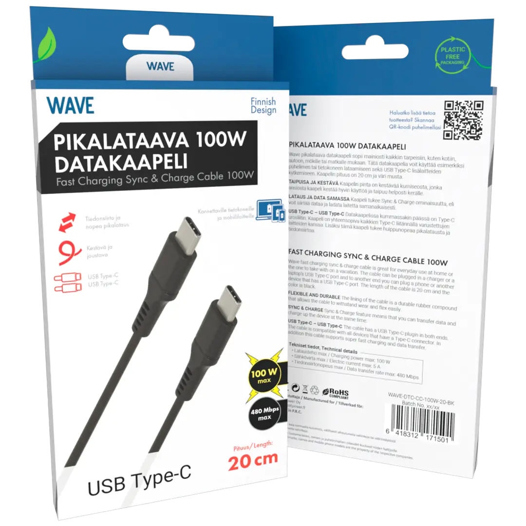 Wave 100W Datakaapeli, USB Type-C -> USB Type-C (480 Mbps), 20cm, Musta