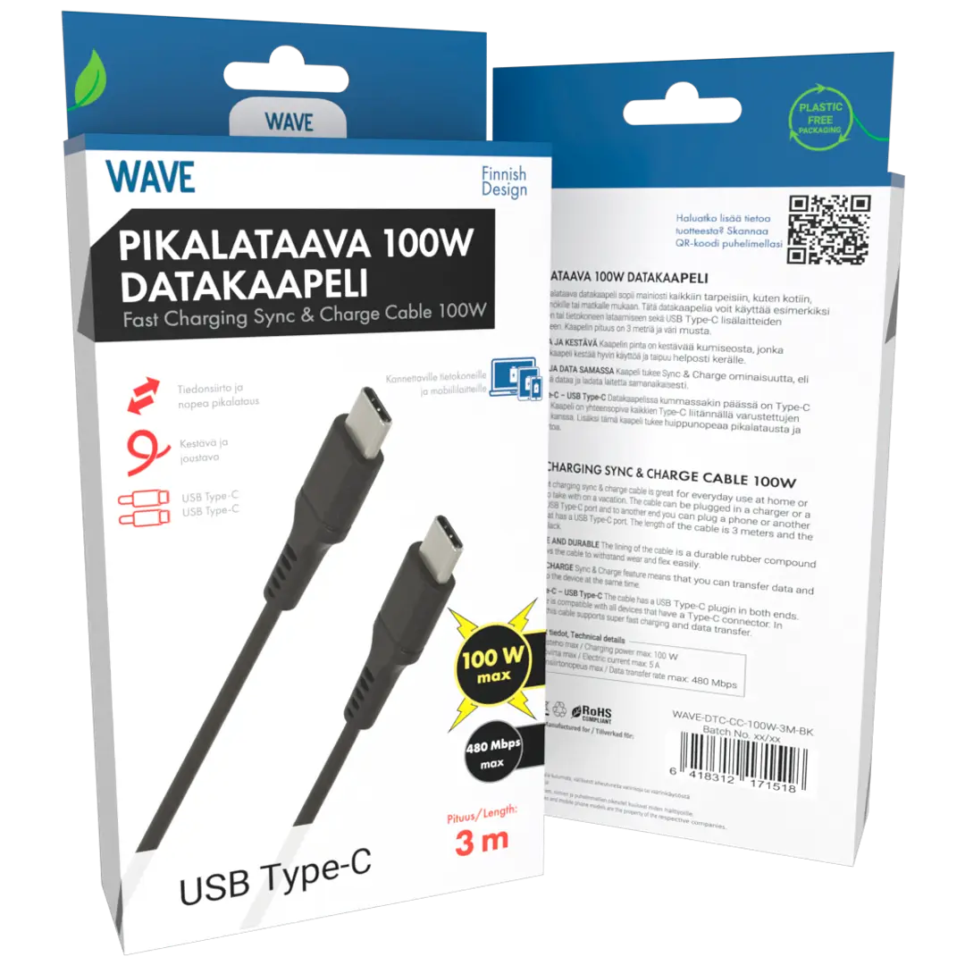 Wave 100W Datakaapeli, USB Type-C -> USB Type-C (480 Mbps), 3m, Musta