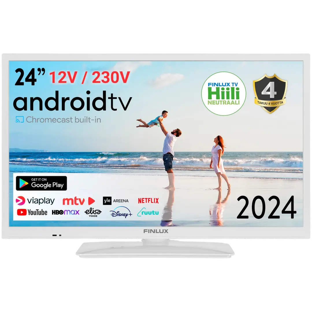 Finlux 24 HD Ready Android Smart TV 12V sekä 230V käyttöjännitteellä 24M7.1WCI-12 valkoinen