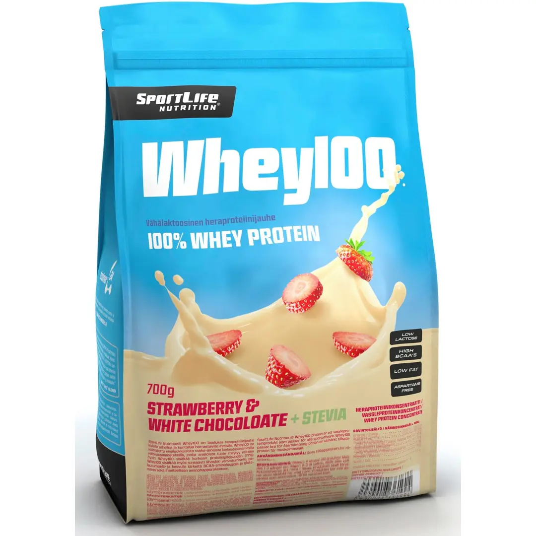 SportLife Nutrition Whey100 700g valkosuklaa-mansikka heraproteiinijauhe