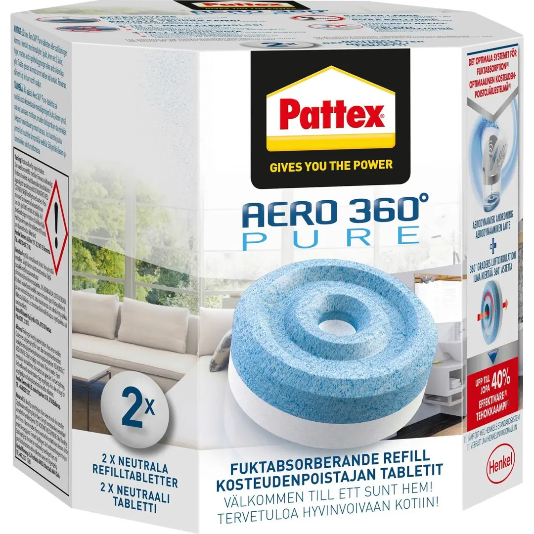 Pattex 2x450g Kosteudenpoistaja Aero360 täyttöpakkaus hajuja neutraloiva
