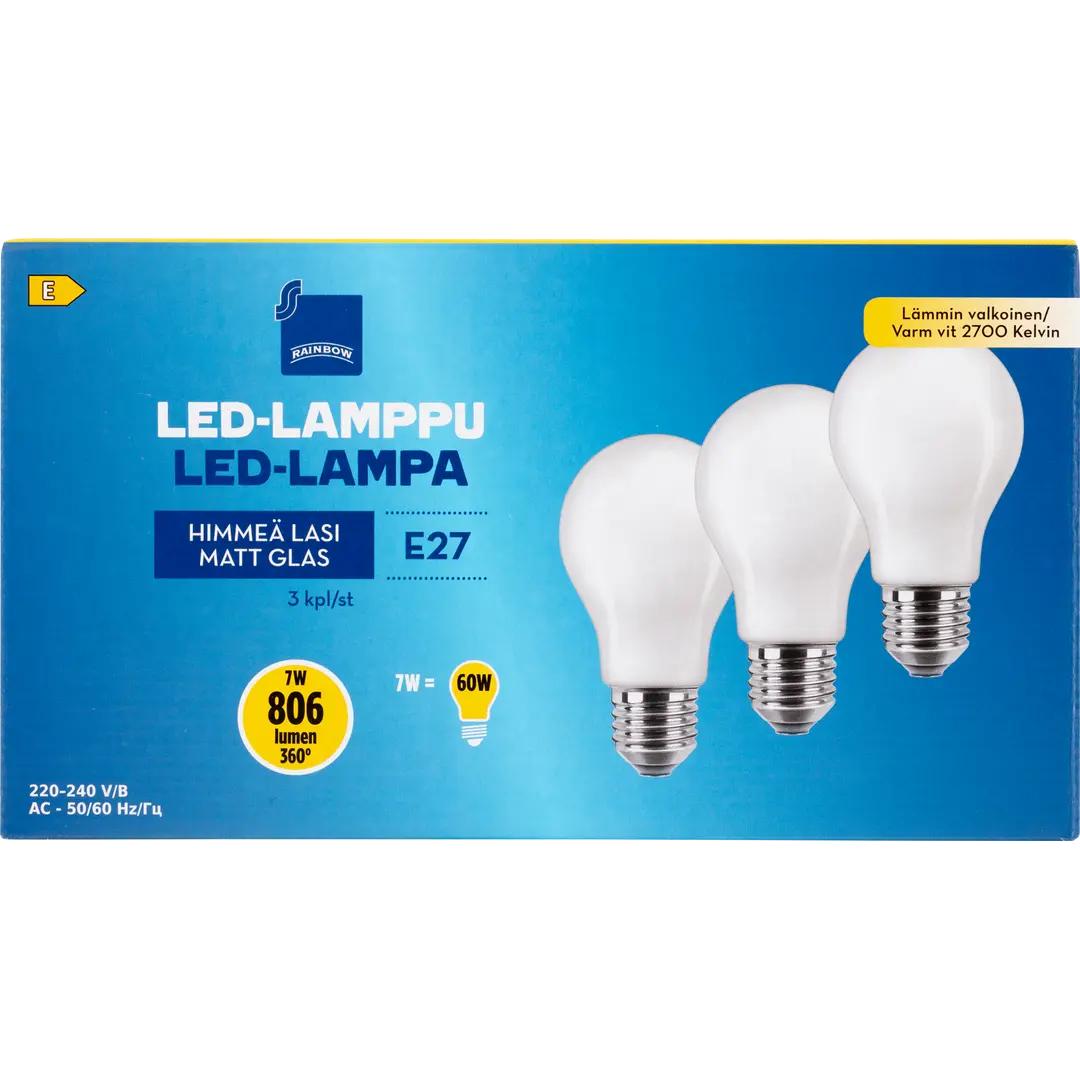 Rainbow LED-lamppu 7W E27 2700K 806lm himmeä lasi 3kpl