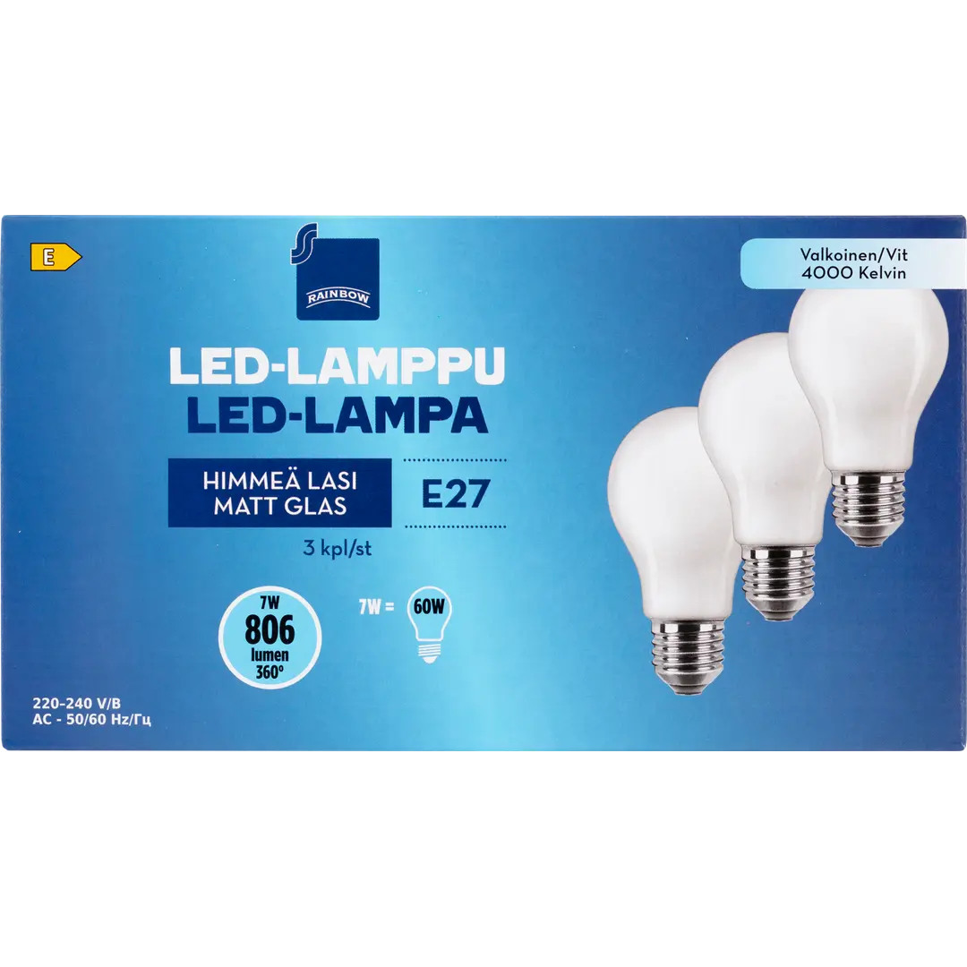 Rainbow LED-lamppu 7W E27 4000K 806lm huurrettu lasi 3kpl