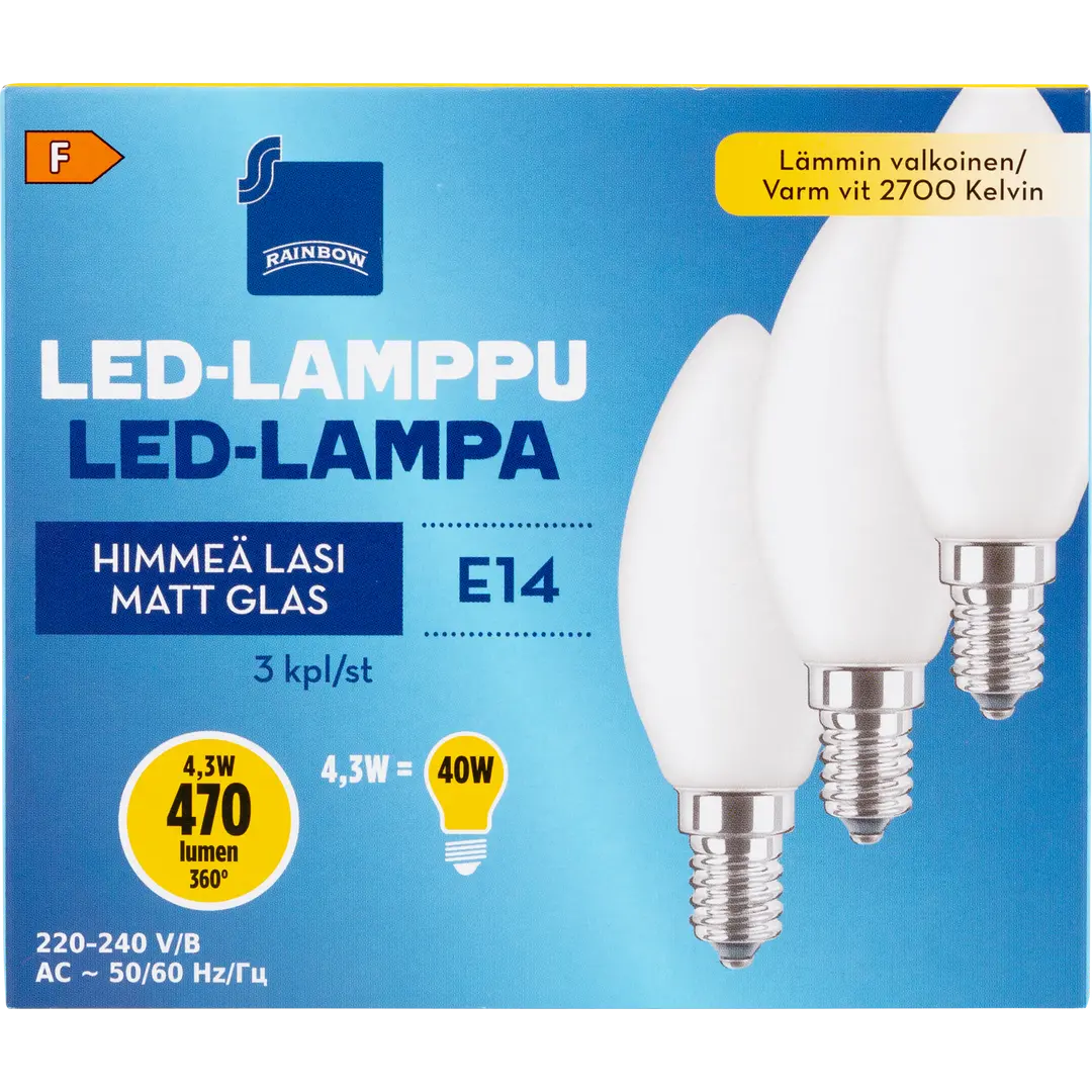 Rainbow LED-kynttilälamppu 4,3W E14 2700K 470lm himmeä lasi 3kpl