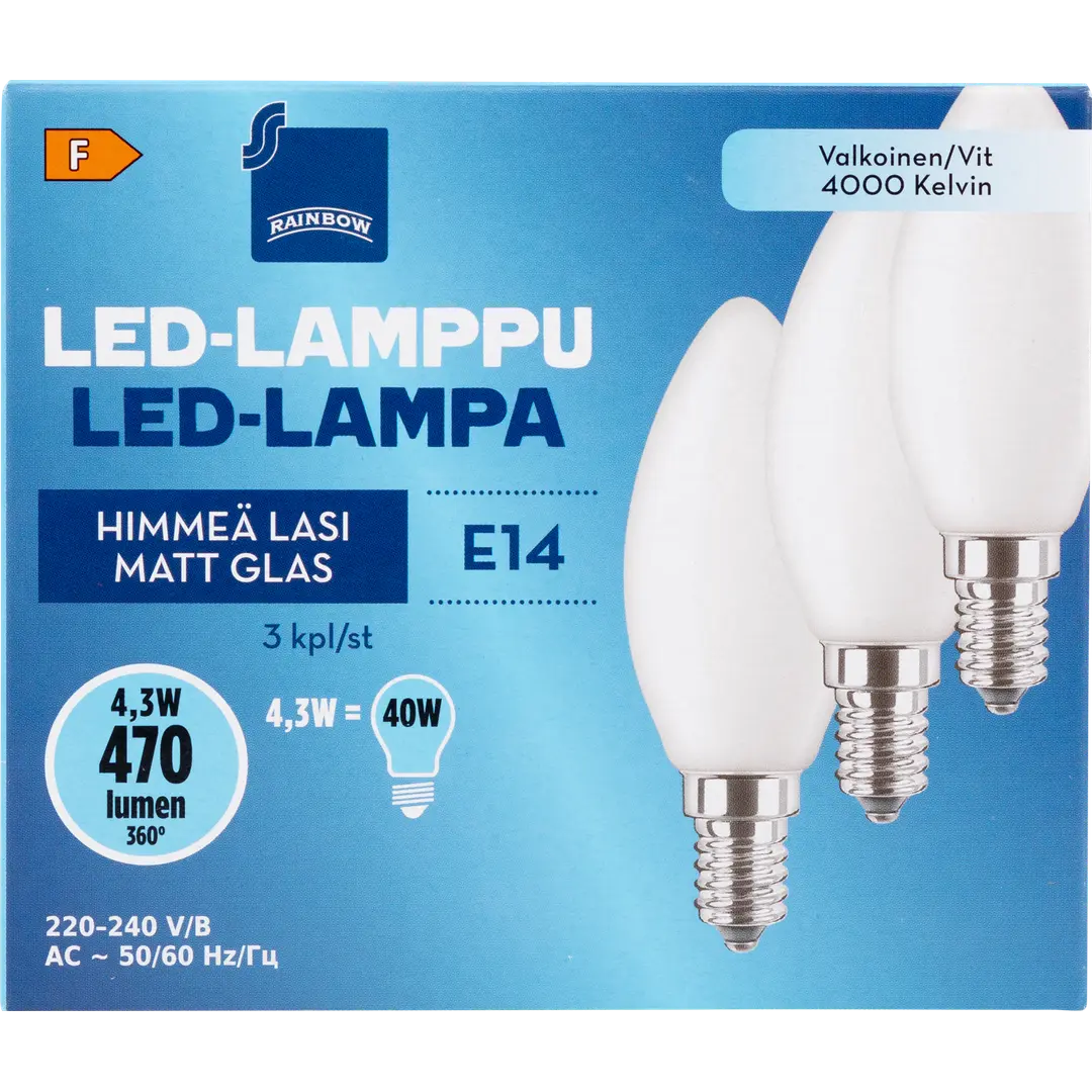 Rainbow LED-lamppu 4,3W E14 4000K 470lm himmeä lasi 3kpl