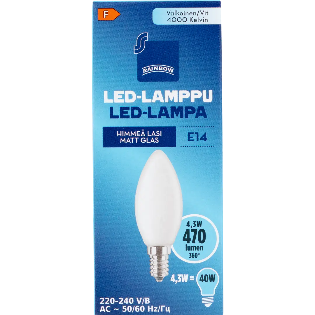 Rainbow LED-kynttilälamppu 4W E14 4000K 470lm huurrettu lasi