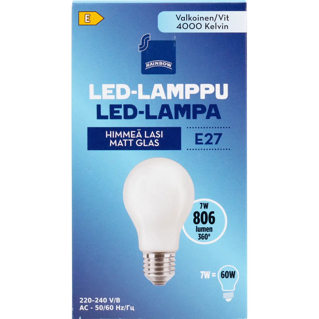 Rainbow LED-lamppu 7W E27 4000K 806lm huurrettu lasi