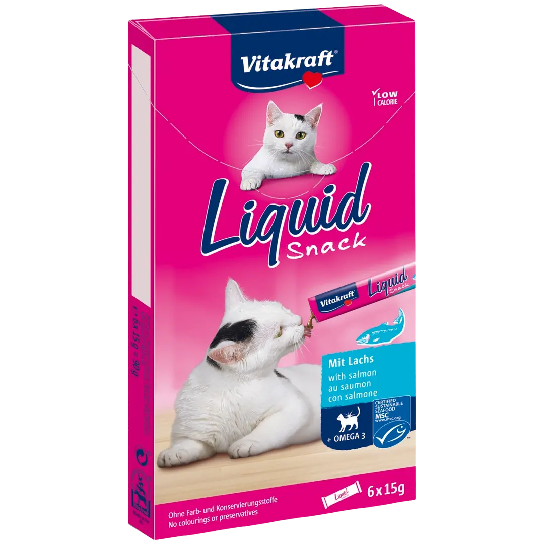 Vitakraft Liquid snack Nestemäinen välipala vähintään 3 kuukauden ikäisille kissoille lohi + omega 3 6x15g