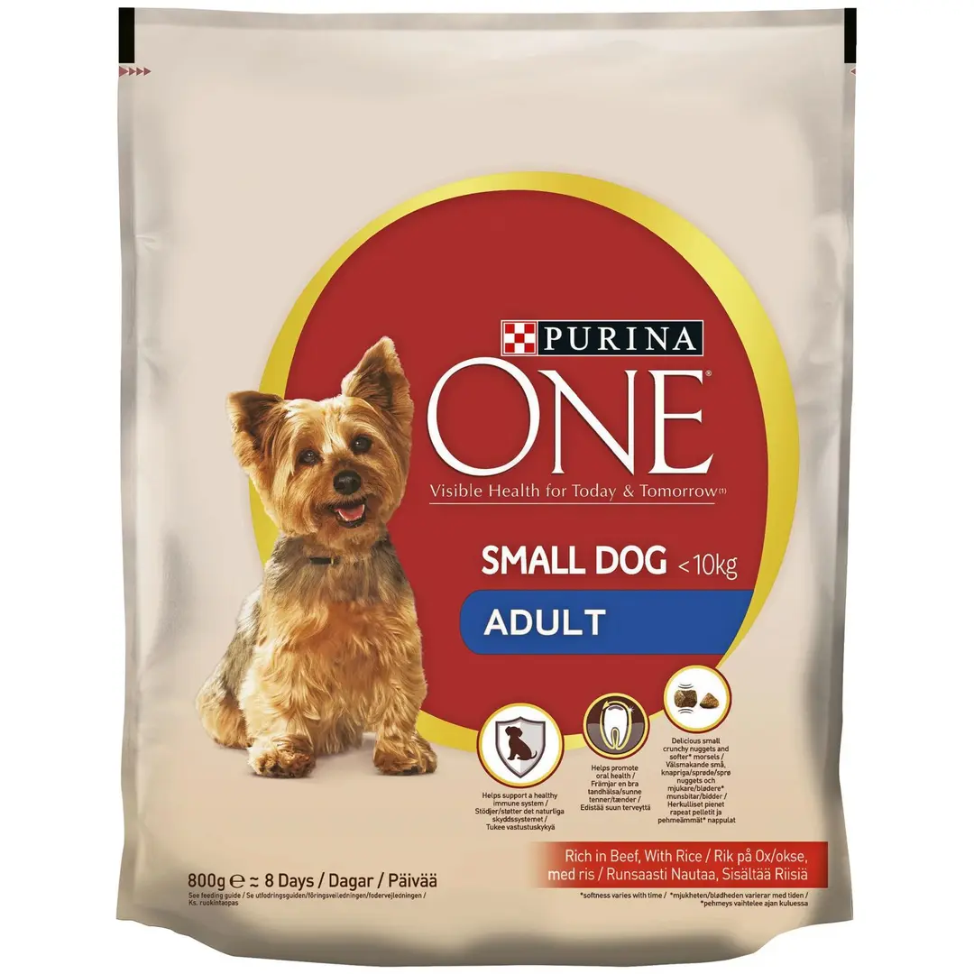 Purina ONE 800g Small Dog <10kg Adult Runsaasti nautaa koiranruoka sisältää riisiä