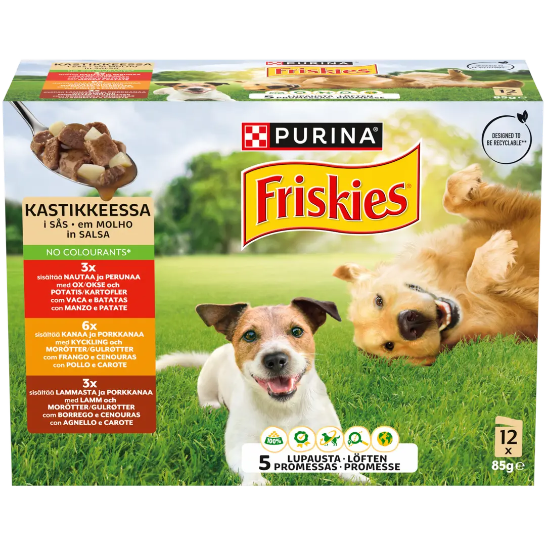 Friskies 12x85g adult nautaa, lammasta ja kanaa kastikkeessa lajitelma 3 varianttia