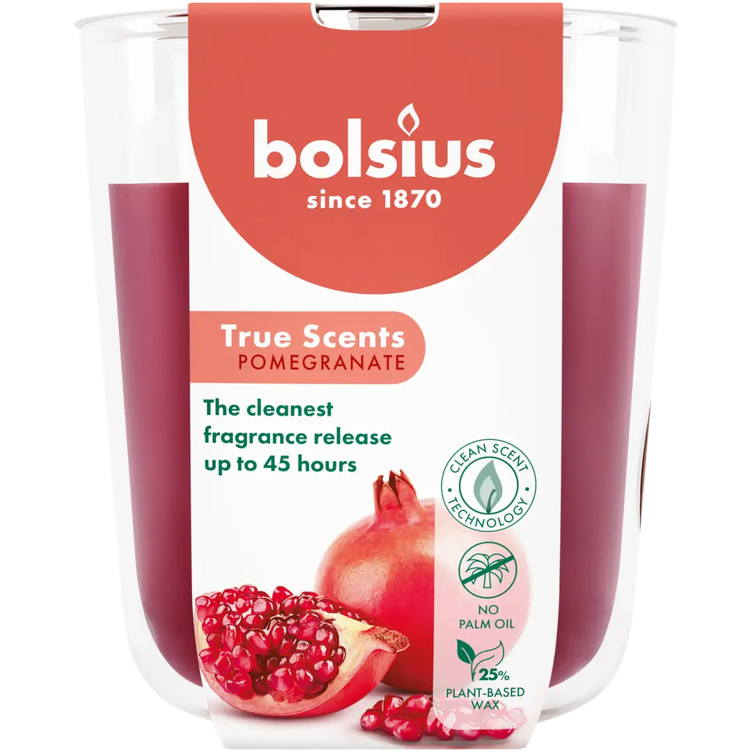 Bolsius True Scents – tuoksukynttilä lasissa – Granaattiomena – punainen – suuri