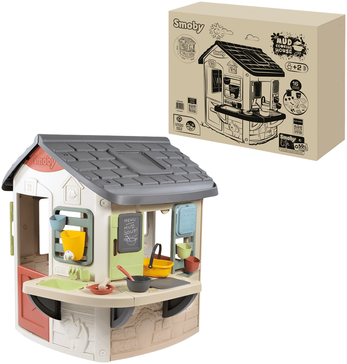 Smoby Life Mud Cooking House Tambouille Kitchen Large Worktop 16 Accessories Included Recycled Material From 2 Years Made in France