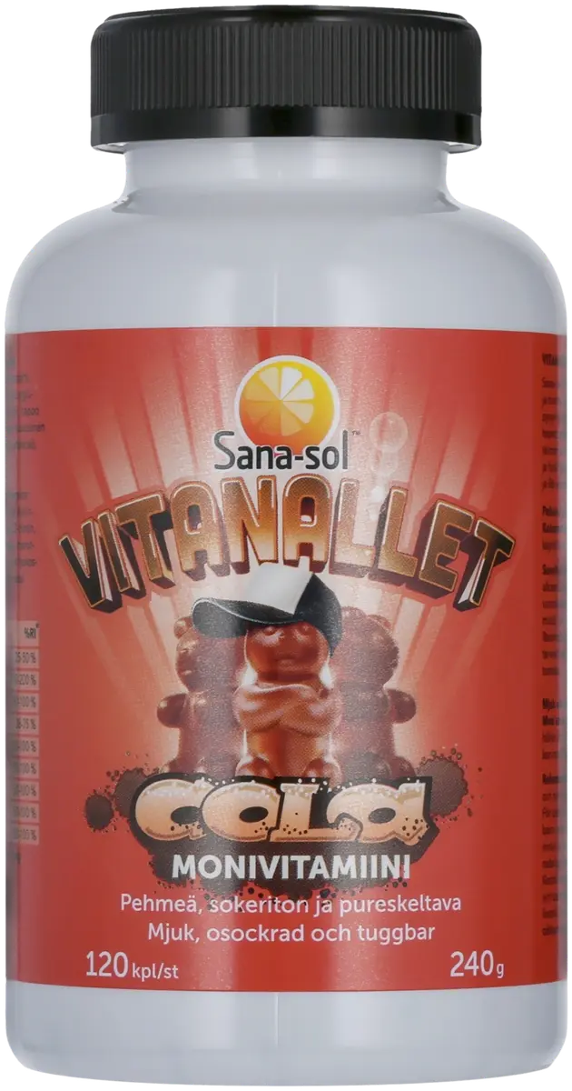 Sana-sol Vitanallet Cola pehmeä, sokeriton ja pureskeltava kolanmakuinen monivitamiinivalmiste ravintolisä 120kpl / 240g