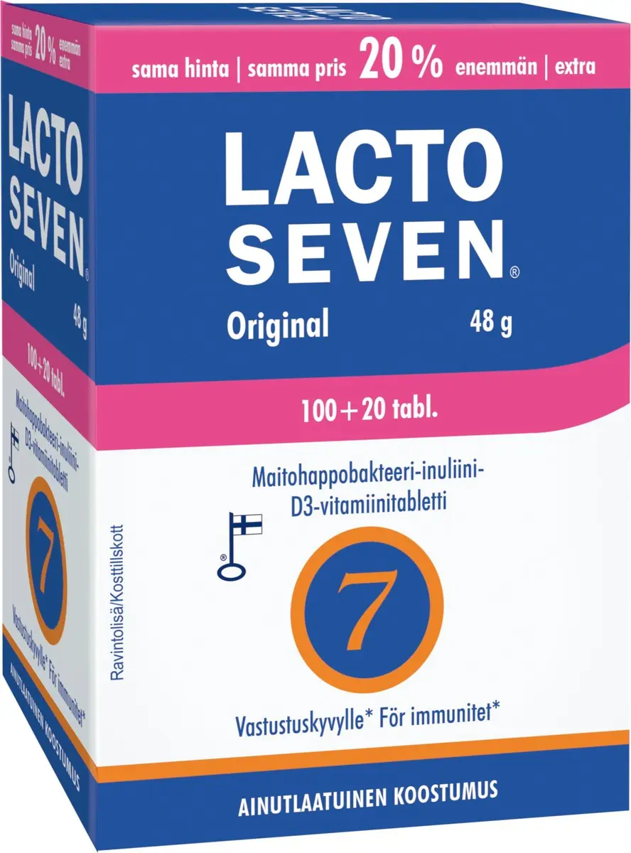 Lacto Seven 120 tabl., kotimainen maitohappobakteerivalmiste, kampanjapakkaus, Vitabalans