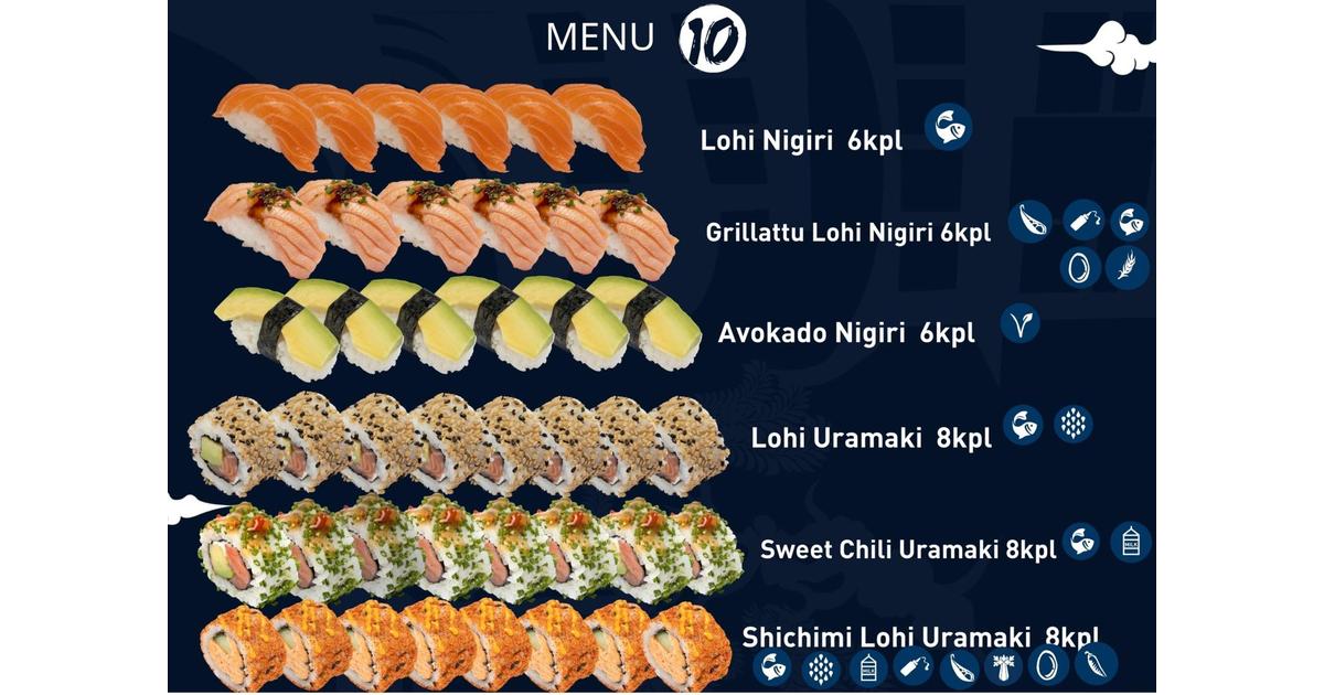 Itsudemo sushi box, 6* Lohi nigiri, 6*Grillattu Lohi nigiri, 6*Avokado  nigiri, 8*Lohi Uramaki, 8* SweetChili Uramaki, 8*Shichimi Lohi Uramaki |  S-kaupat ruoan verkkokauppa