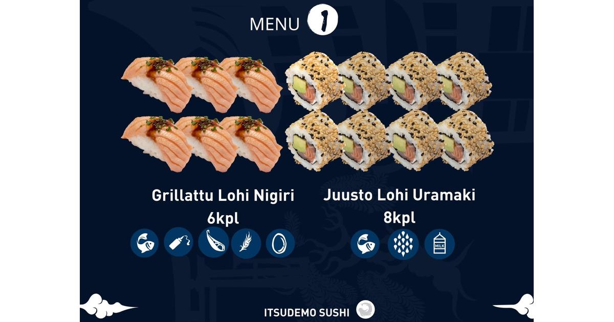 Itsudemo Sushi Box, 6*Grillattu Lohi nigiri, 8*Juusto Lohi Uramaki |  S-kaupat ruoan verkkokauppa