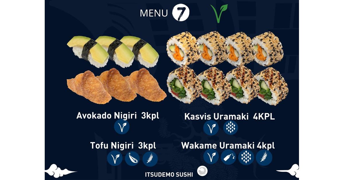 Itsudemo sushi box, 3*Avokado nigiri, 3*Tofu nigiri, 4*Kasvis Uramaki, 4*  Wakame Uramaki | S-kaupat ruoan verkkokauppa