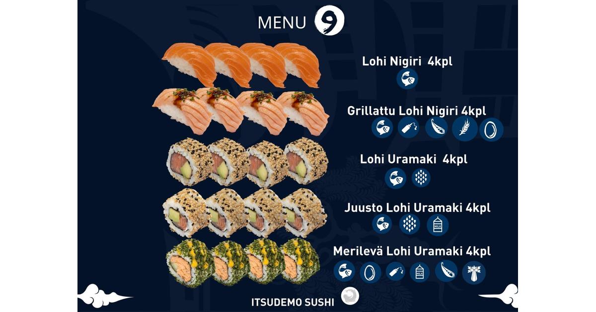 Itsudemo sushi box, 4*Lohi nigiri, 4*Grillattu Lohi nigiri, 4* Juusto Lohi  Uramaki, 4*Lohi Uramaki, 4* Wakame Uramaki | S-kaupat ruoan verkkokauppa