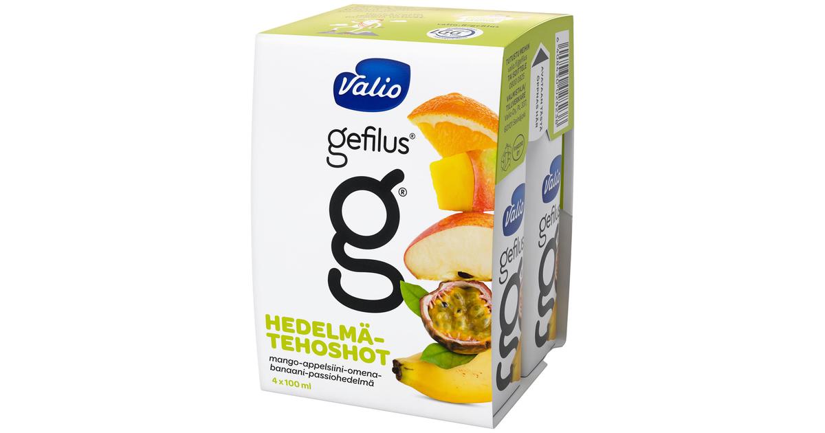 Valio Gefilus® tehoshot 4x100 ml  mango-appelsiini-omena-banaani-passionhedelmä | S-kaupat ruoan verkkokauppa