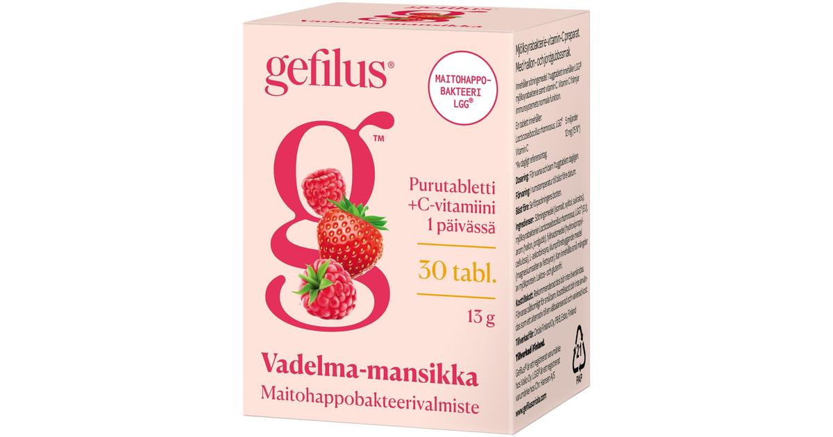 Gefilus vadelma-mansikka maitohappobakteeri-C-vitamiinivalmiste  purutabletti 30tabl 13g ravintolisä | S-kaupat ruoan verkkokauppa