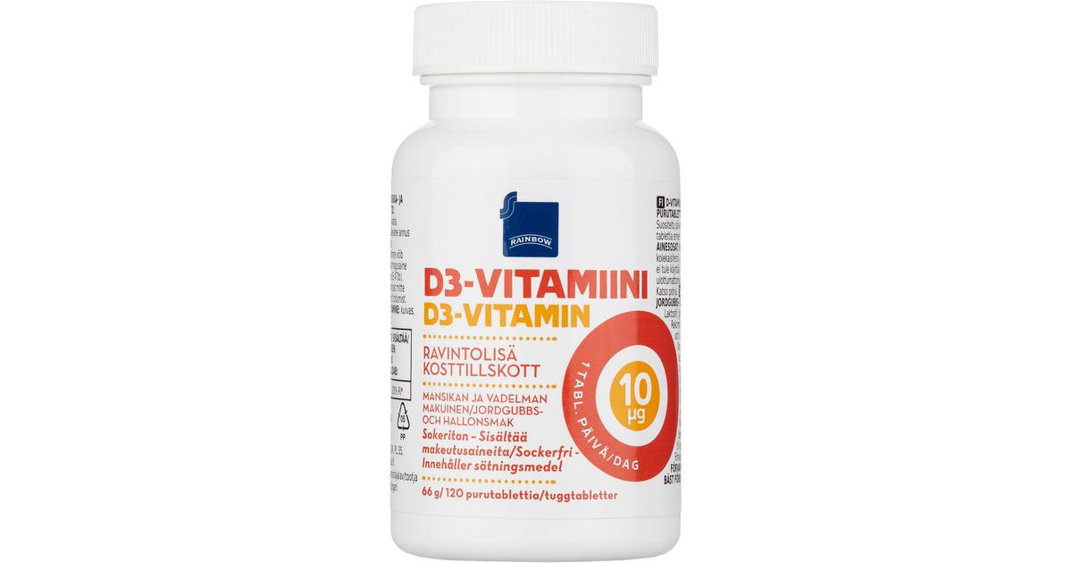 Rainbow D3-vitamiini 10μg ravintolisä 66 g/120 purutablettia mansikan- ja  vadelmanmakuinen | S-kaupat ruoan verkkokauppa