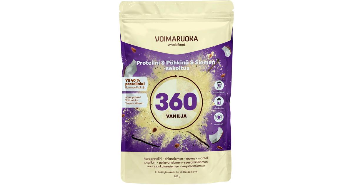 Voimaruoka 360 Wholefood vaniljan makuinen proteiini-pähkinä-siemensekoitus  908g | S-kaupat ruoan verkkokauppa