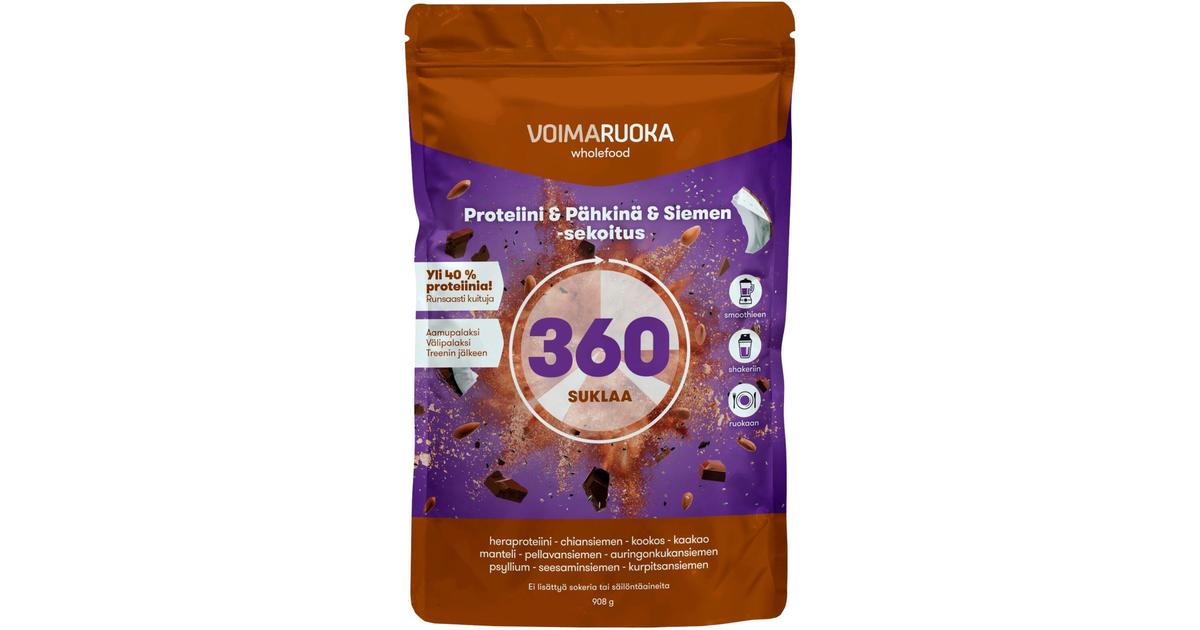 Voimaruoka 360 Wholefood suklaan makuinen proteiini-pähkinä-siemensekoitus  908g | S-kaupat ruoan verkkokauppa