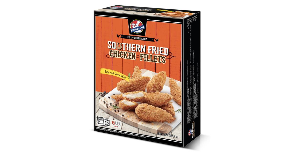 300g Kitchen Joy Southern Fried Chicken Fillets, Marinoitu, paneroitu ja  paistettu kanan sisäfile, pakaste | S-kaupat ruoan verkkokauppa