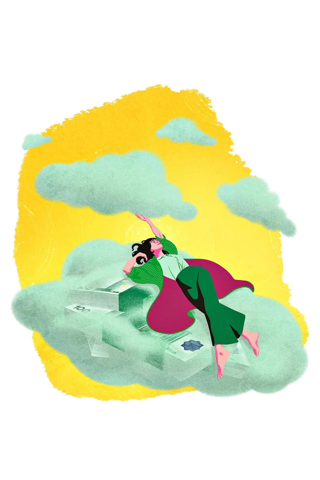 Piirroskuvituksessa ihminen makailee pilvien päällä seteleiden kanssa.