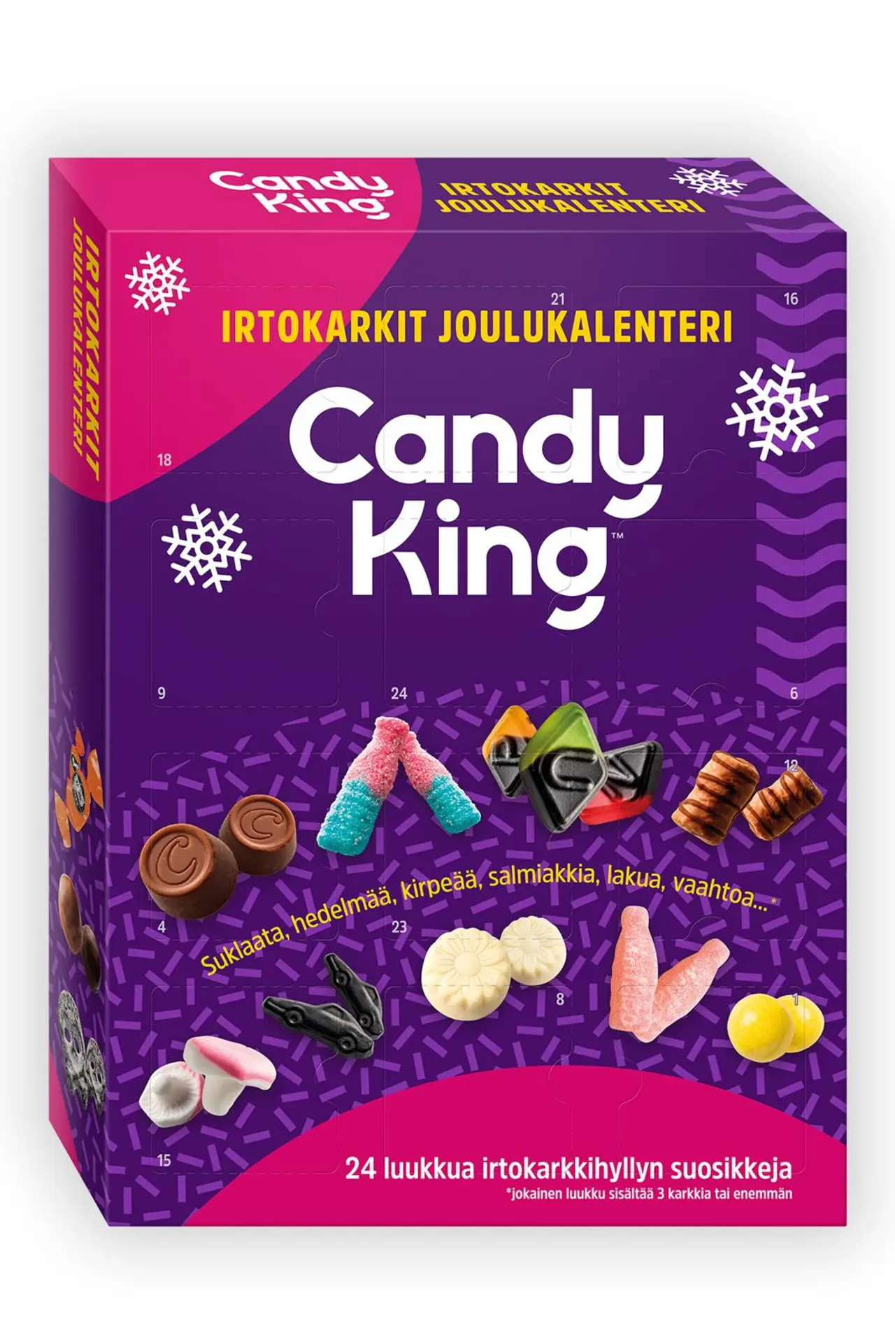 Violetti laatikko, jossa on CandyKing-irtokarkkeja.