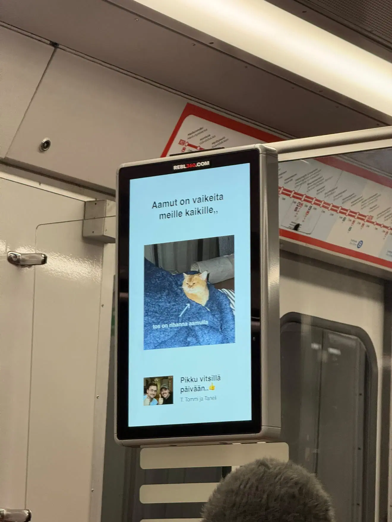 Metron ilmoitustaulu, jossa kuva kissasta.