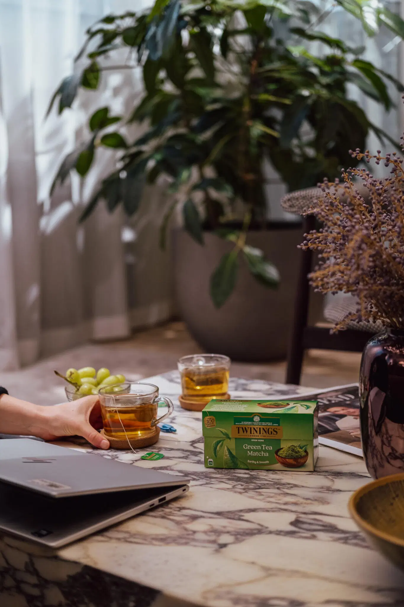 Kannettava tietokone ja kaksi kuppia Twinings Matcha -teetä kivitasoisella pöydällä. Taustalla huonekasveja.