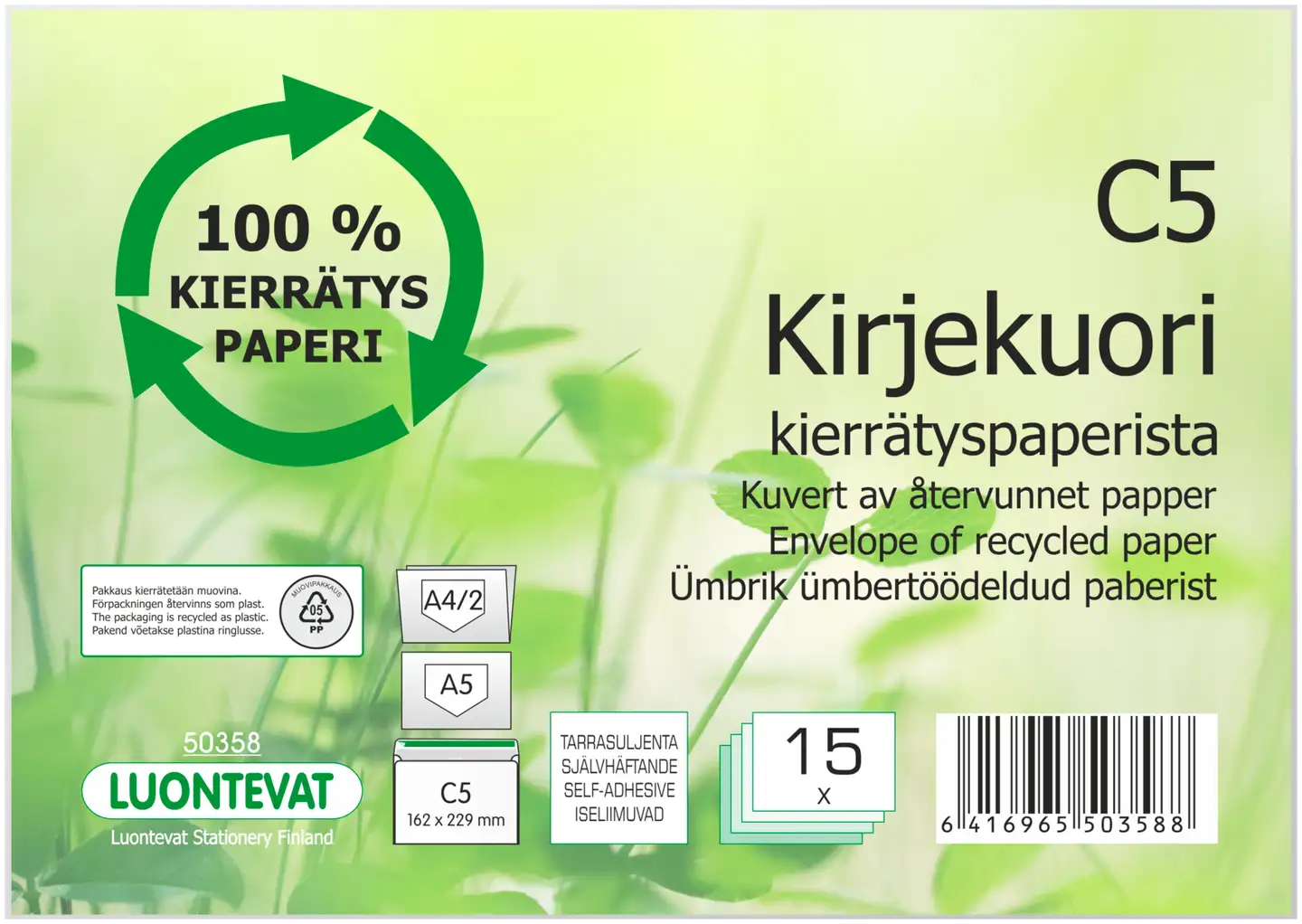 Luontevat kirjekuori C5 15 kpl kierrätyspaperi  tarrasuljenta
