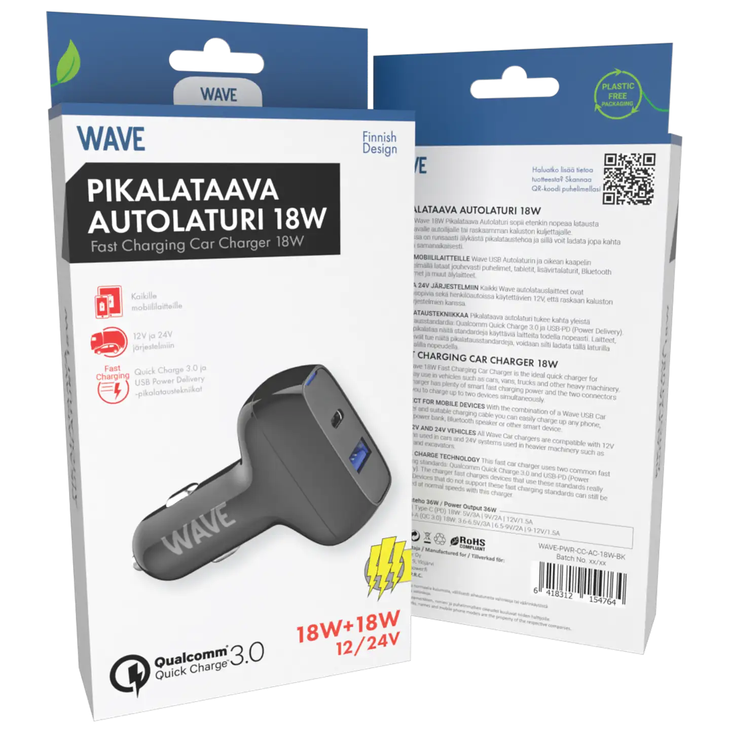 Wave 18 W pikalataava autolaturi 1 x USB Type-C + 1 x USB-A musta - 3