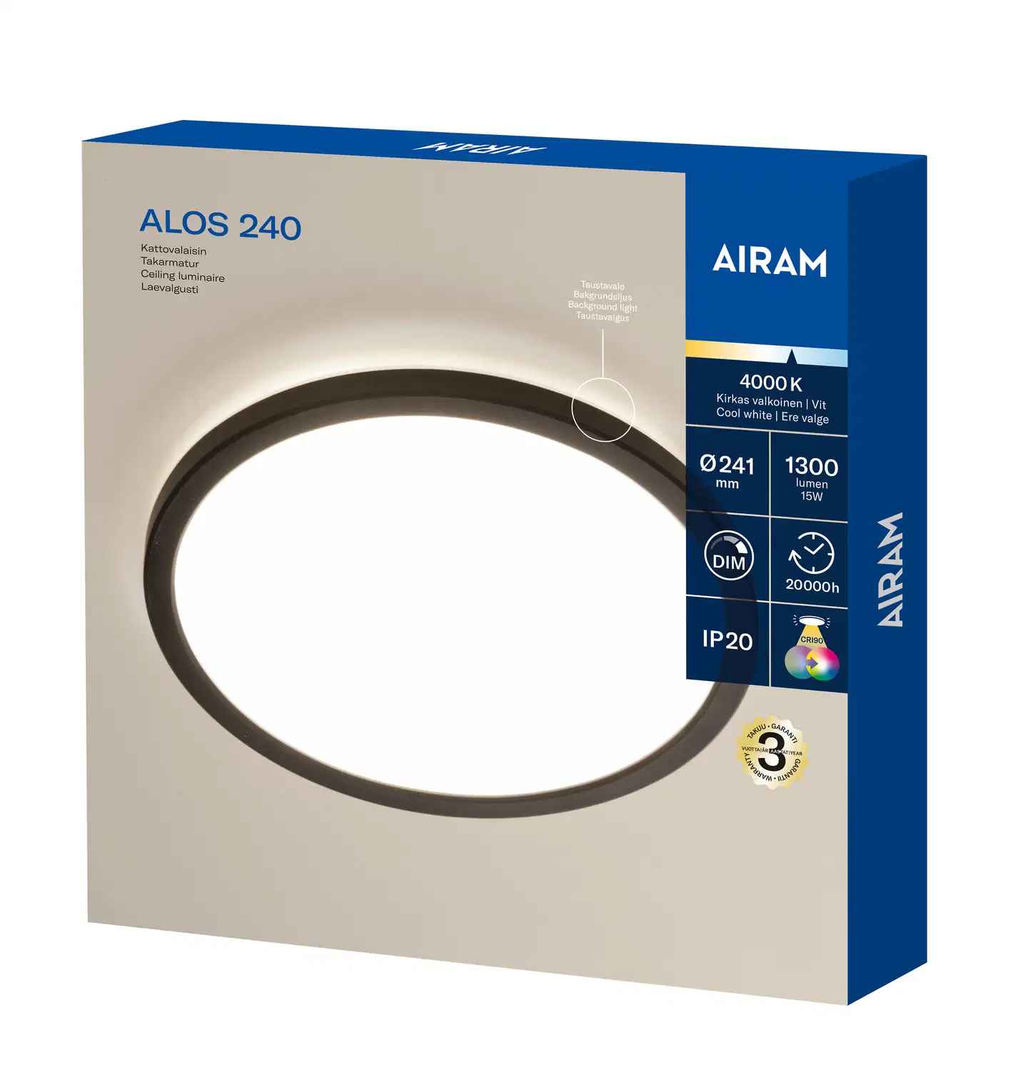 Airam Alos 240 plafondi IP20 15W/940 step dim musta - 2