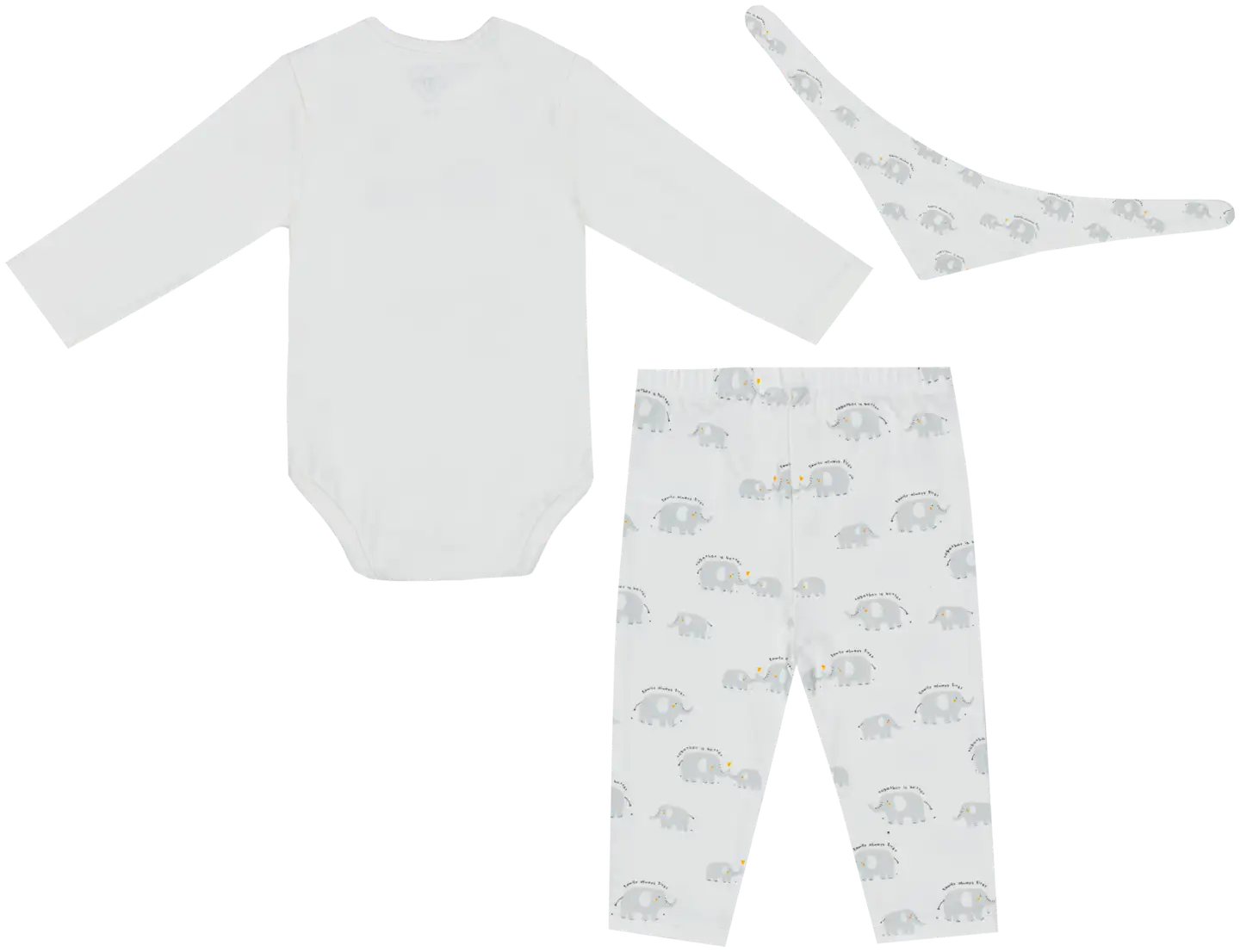 TEX BABY vauvojen setti 3-osaa body+housut+huivi Elefantti - Off white - 2