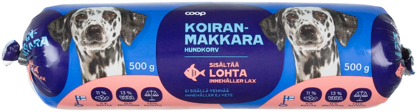 Coop koiranmakkara sisältää lohta täysrehu 500 g - 1