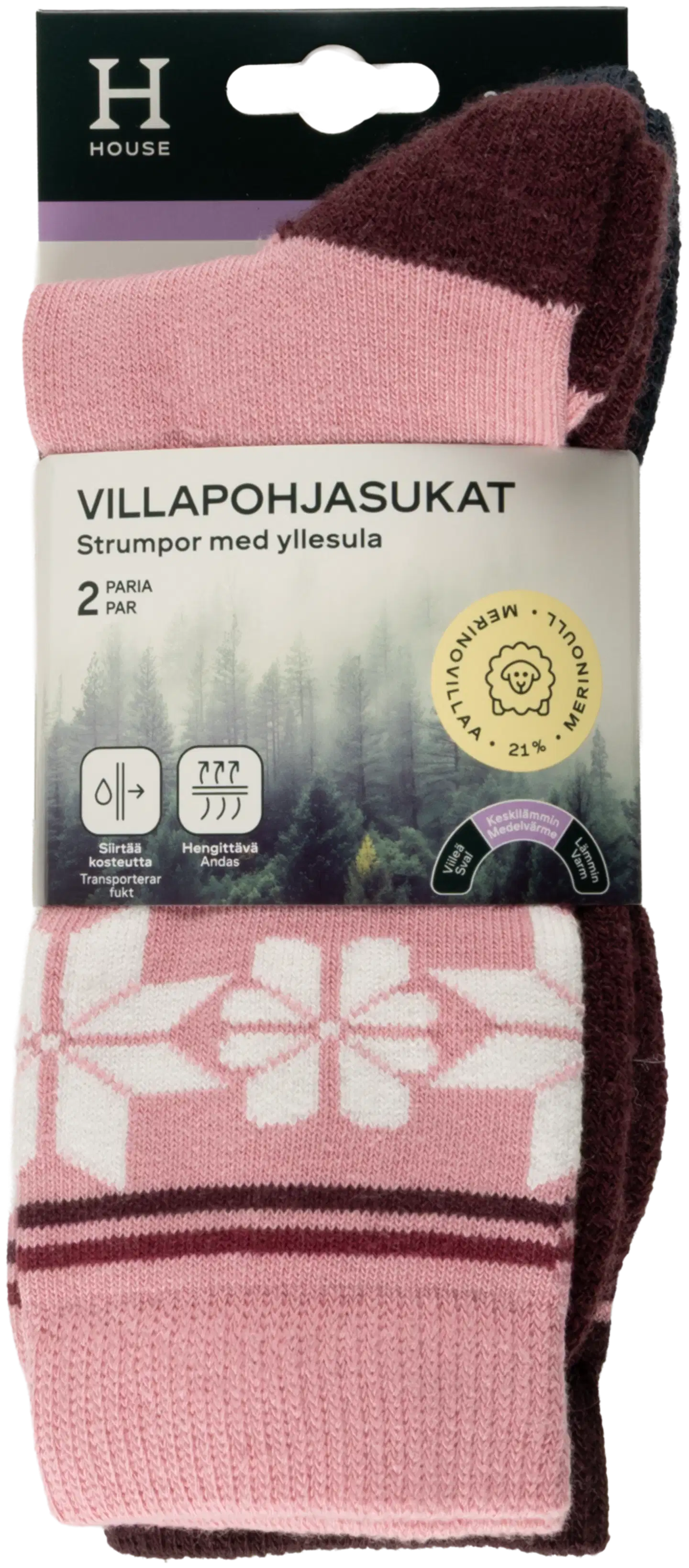 House naisten villapohjasukat 214H322614 2-pack - Pink/wine - 1