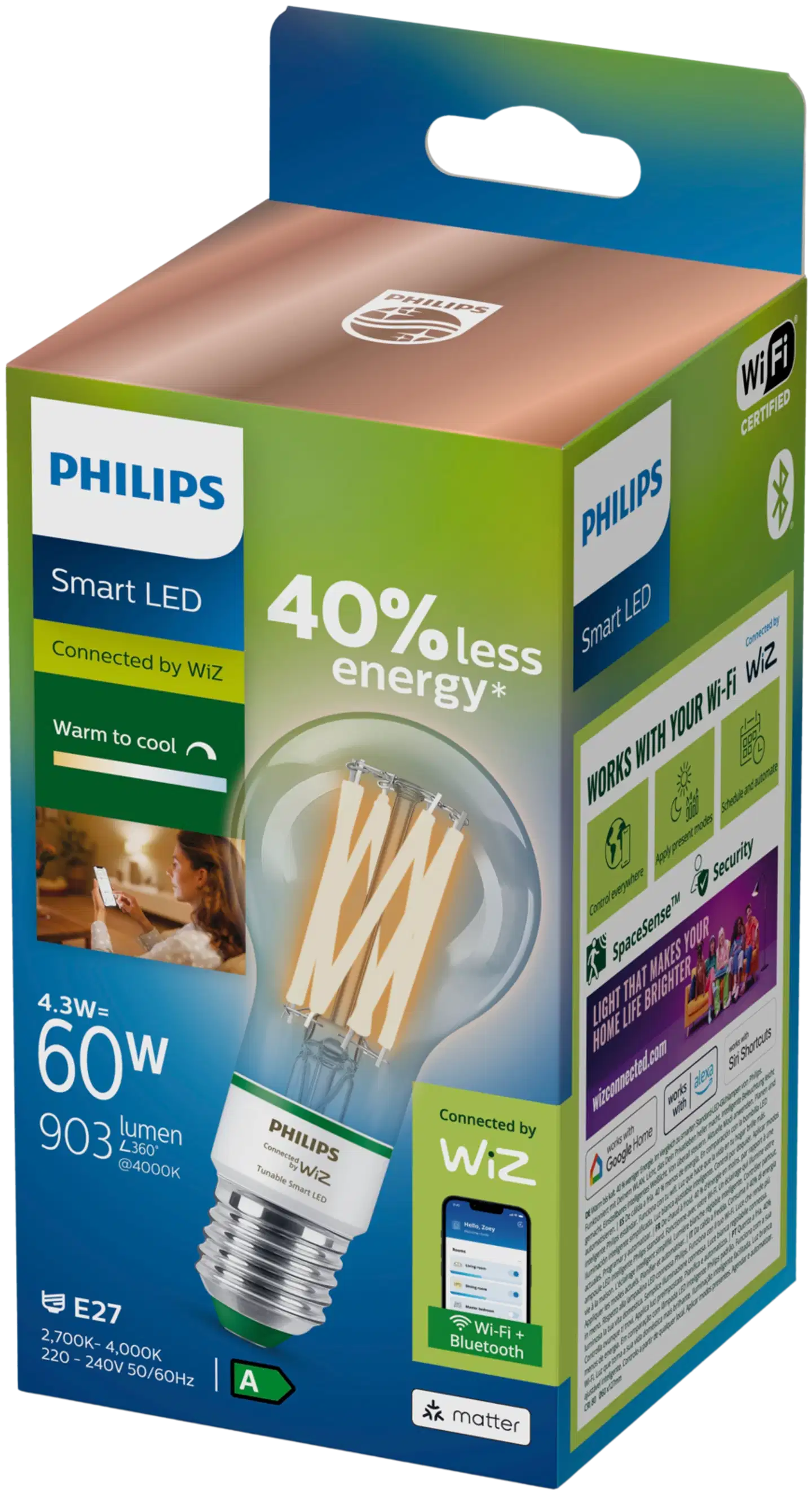 Philips Smart Lighting LED-filamenttilamppu 4.3W A60 E27 2700-6500K 903lm tunable white - 3
