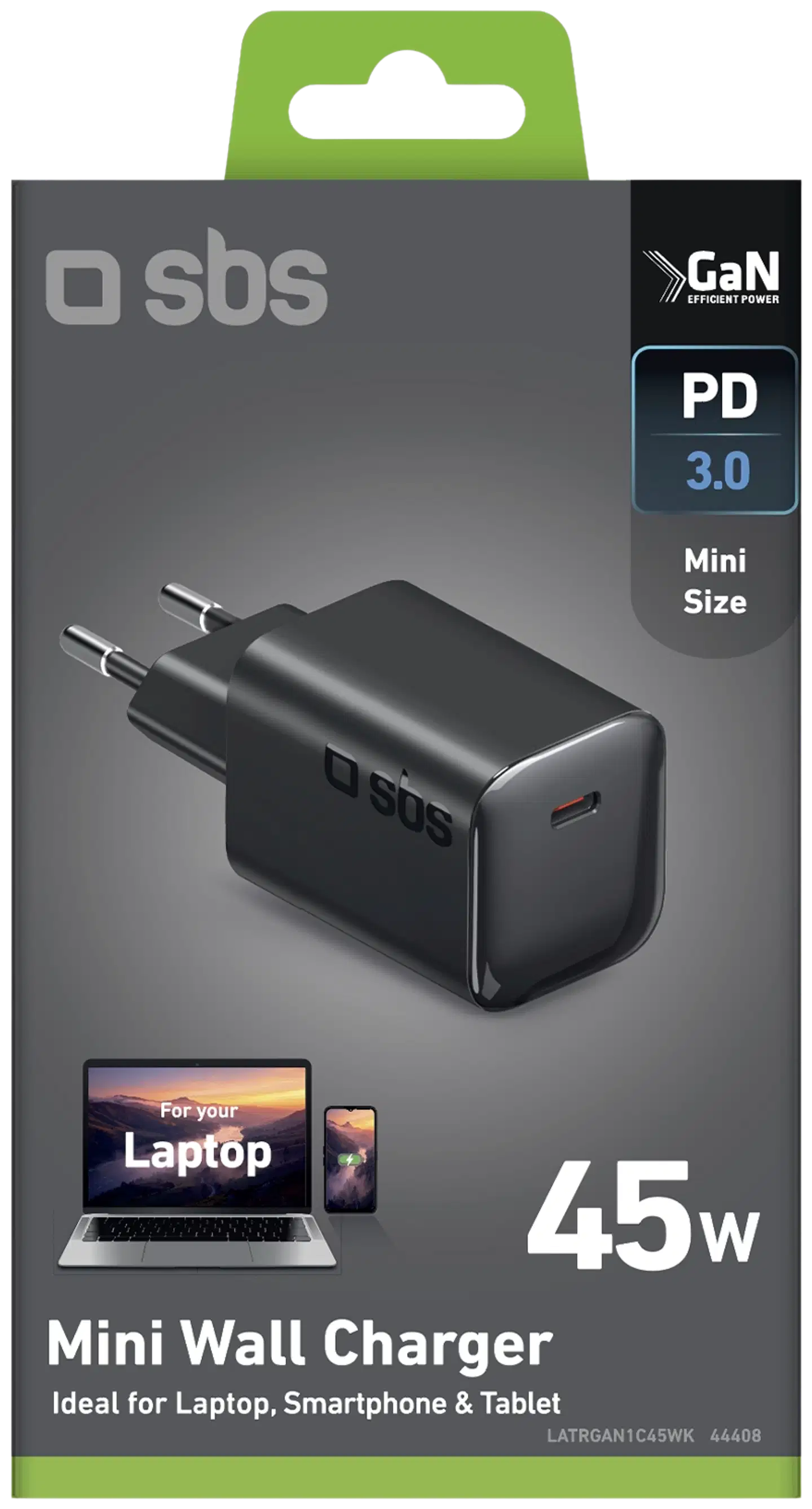 SBS GaN mini -seinälaturi 45W USB‑C, musta - 2