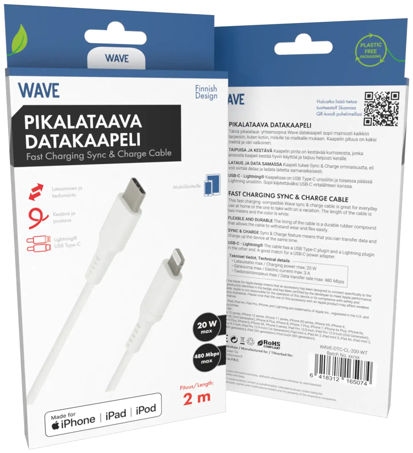 Wave Datakaapeli, USB Type-C -> Apple Lightning (MFI), 2m, Valkoinen - 1